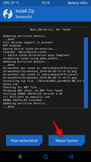 reboot system setelah pasang agni kernel