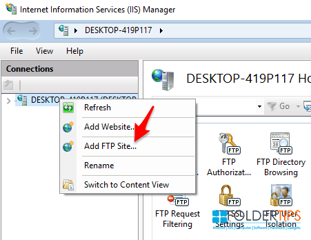 Menambahkan FTP Site dan menentukan Folder FTP