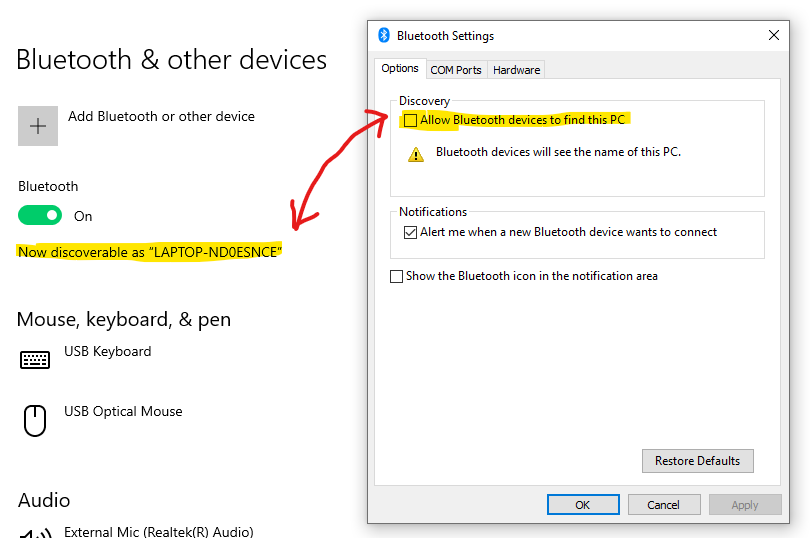 Pop-up-dari-Bluetooth-Settings-akan-muncul-dan-perlu-mencentang-pada-Allow-Bluetooth-devices-to-find-this-PC Cara mengaktifkan bluetooth di Laptop Windows 10