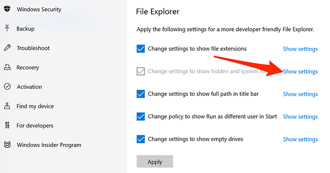 Klik-Show-Settings-di-sebelah-kanan-Change-Settings-to-Show-Hidden-and-System-File cara membuka Folder Hidden Windows 10