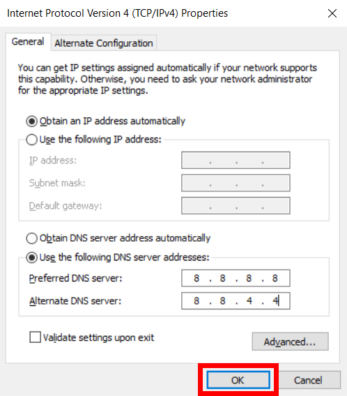 Pilih-bagian-Use-the-following-DNS-Server-Address cara mengatasi No Internet Access pada windows 10