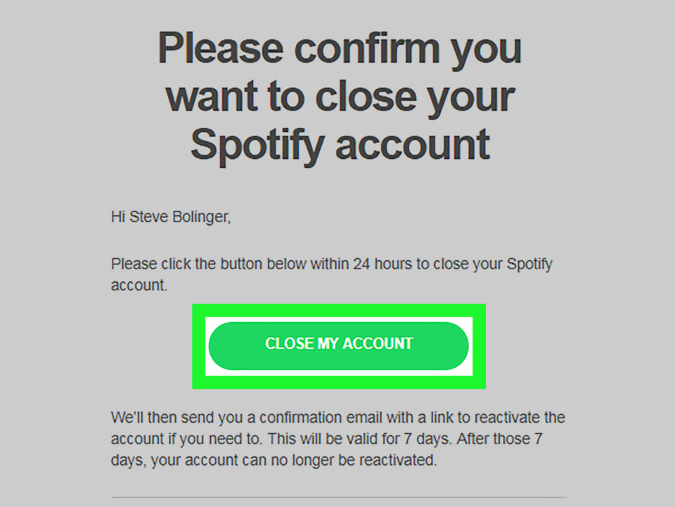 Buka-inbox-dari-Spotify-yang-berisi-mengenai-pesan-konfirmasi-penutupan-akun.-Klik-ikon-hijau-dengan-tulisan-Close-My-Account