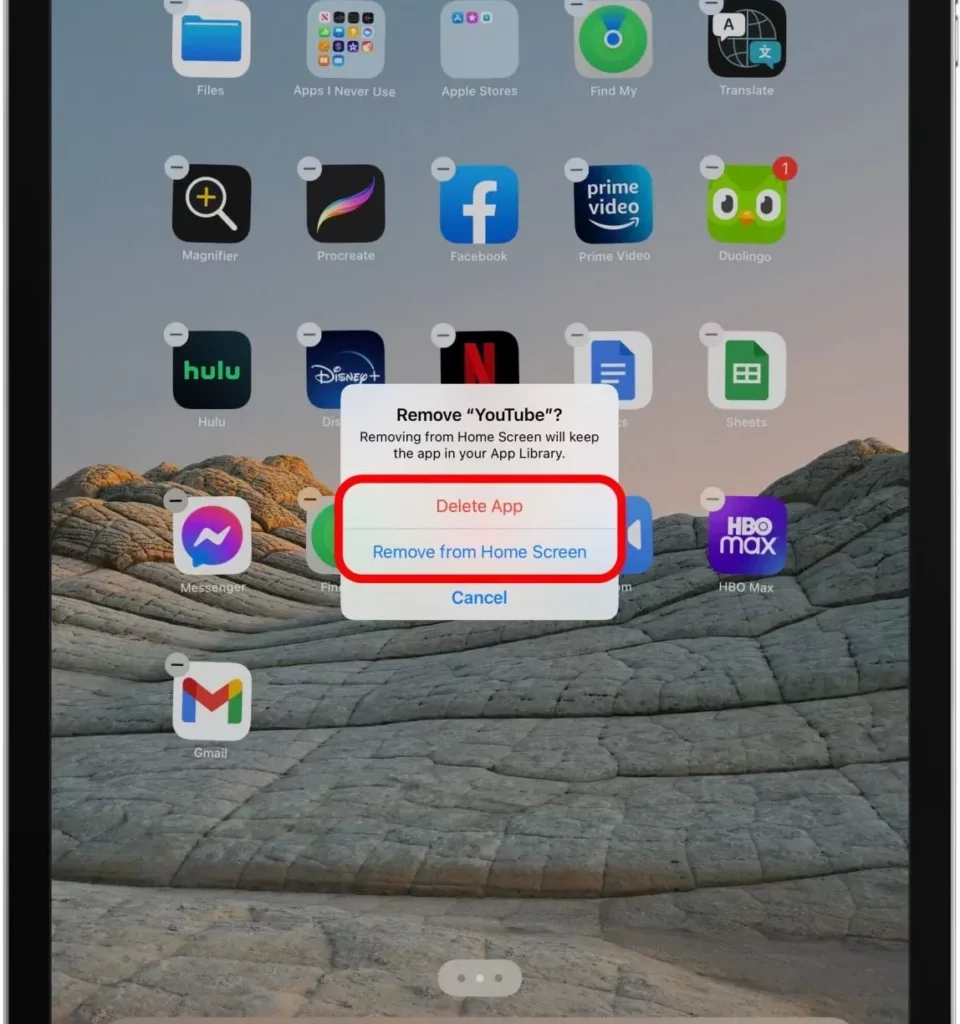 Klik-opsi-lainnya-yang-bertuliskan-Remove-from-Home-Screen cara menyembunyikan aplikasi di ipad